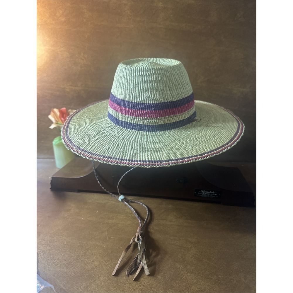 African Hand Made Straw Summer Tanga Hats  Leather Draw Strings  Vintage